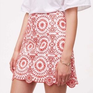 LOFT Embroidered High Waisted Skirt in Orange and White